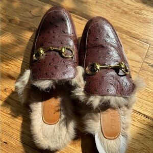 Gucci fur lined brown mules. Missing fur in some areas from wear.